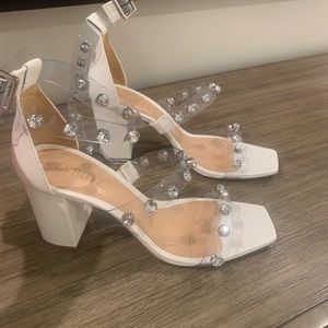 New white & clear glam block heel “Tandy Sandal”